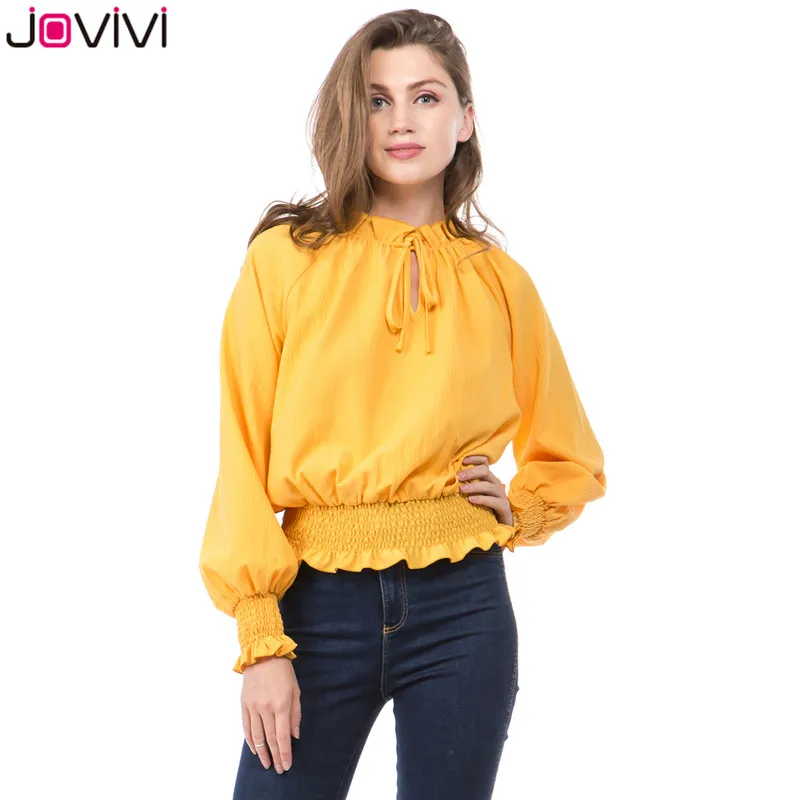 Jovivi последние Стиль Модные женские желто с рукавом Бишоп тканый топ v образным