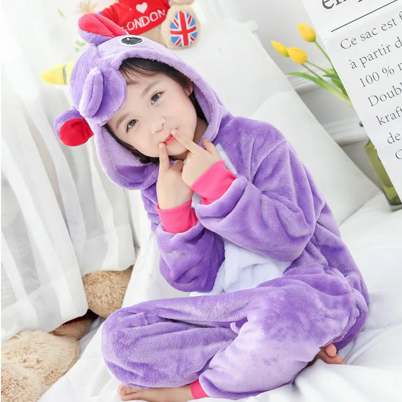 Purple Pegasus Фланелевая Детская Пижама; комплект зимней одежды с капюшоном с изображением единорога, Пикачу, стежка; детские пижамы для мальчиков и девочек; одежда для сна; комбинезоны - Цвет: Purple Pegasus