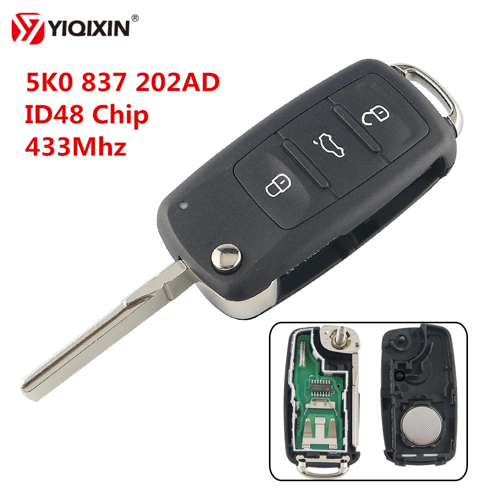 YIQIXIN 5K0 837 202AD 433 ID48 чип 3 кнопки дистанционного флип ключ для VW Volkswagen Beetle Caddy Eos Golf Jetta Polo Scirocco Tiguan