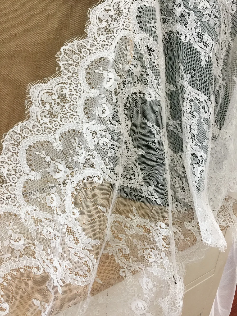 

3 yards Exquisite French Alencon Lace Fabric in Ivory for Wedding, Gowns, Bridal Veils, Costumes Design 60 cm wide