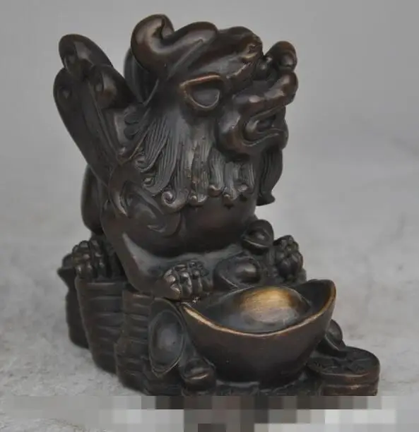 

S03581 Chinese fengshui Bronze evil Unicorn PiXiu Fly Beast Wealth yuanbao money Statue