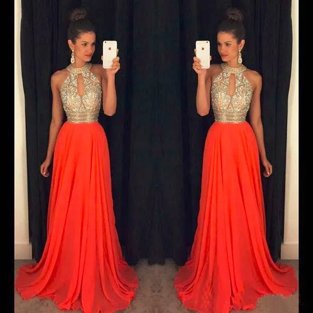 Kaufen Orange Prom Kleider EINE Linie Halter Top Kristall Perlen Kleid Für Graduation Vestidos De Formatura Longo 2020 Abendkleider