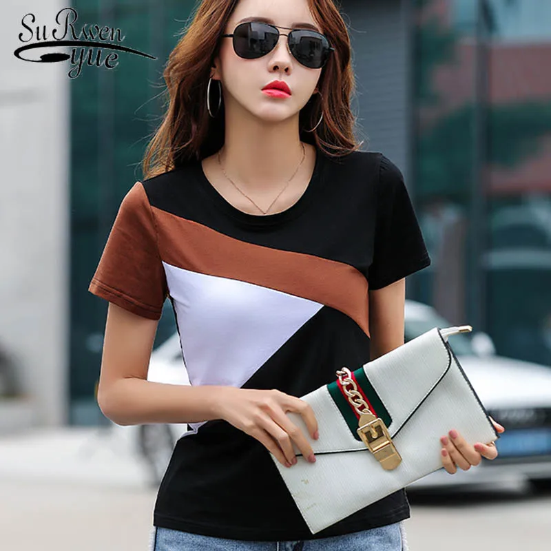 

2021 summer the new fashion women short shirt stitching short shirt round neck short sleeve Slim and casual wild Lady 2575 50