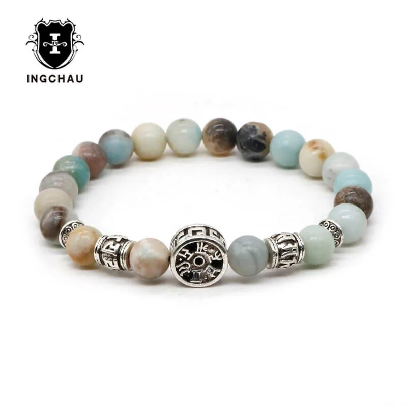 Браслет с мантрой из буддизма 6 словами и посеребренным покрытием|yoga jewelry|amazonite