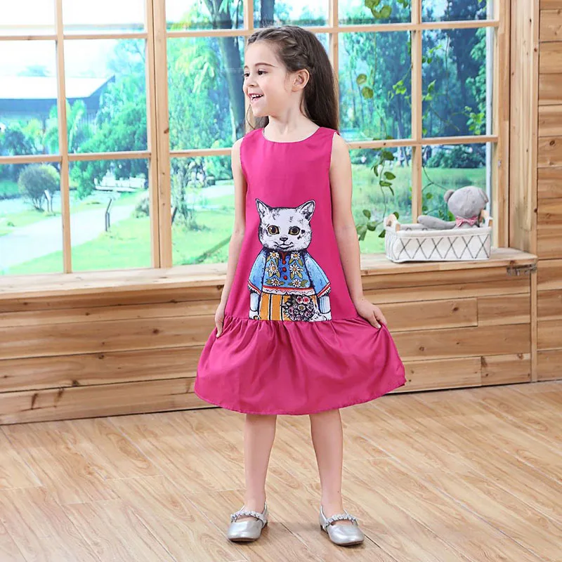 Autumn Spring fashion rose cartoon cat print baby girls sleeveless dress kids Children brand clothes 3 to 9 yrs | Детская одежда и