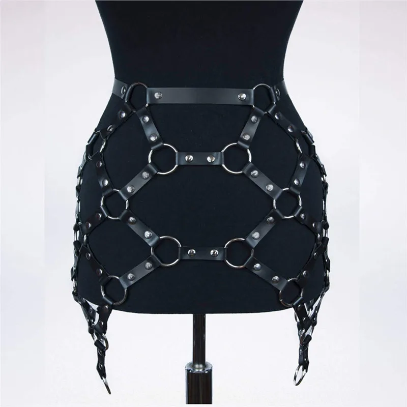 Punk Goth Metal Rivet O Rings Hollow Out Mini Skirt Sexy PU Leather Skirt With Adjustable Buckle Waist Belt Women Party Clubwear