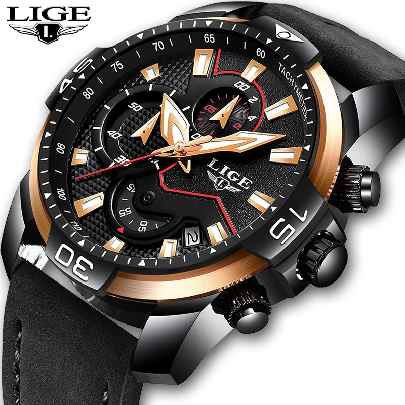 

Relogio Mens Watches LIGE Top Brand Luxury Leather Business Chronograph Mlae Quartz Watch Men Casual Sports Waterproof Watch+Box