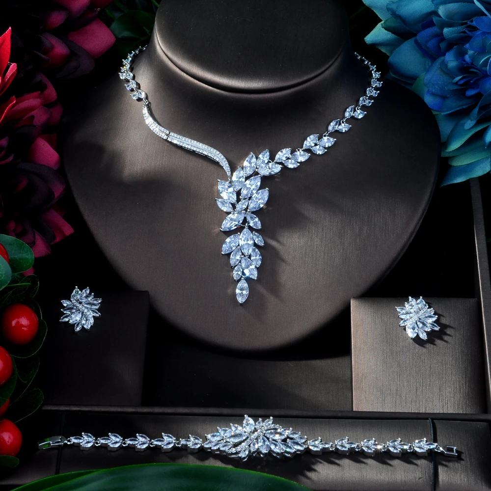 Hibride роскошь Для женщин Jewels элегантное Форма Свадебные CZ Цепочки и ожерелья серьги, браслет, кольцо 4 шт. большой свадебный комплект ювелирных изделий для невесты N-166