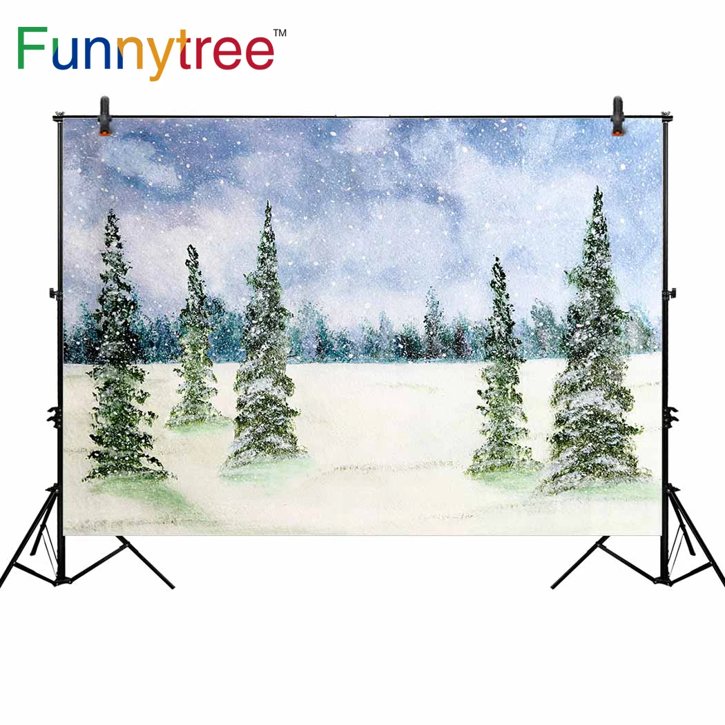 Фон Funnytree для фотостудии зимняя Акварельная живопись Лес Снег Рождественская