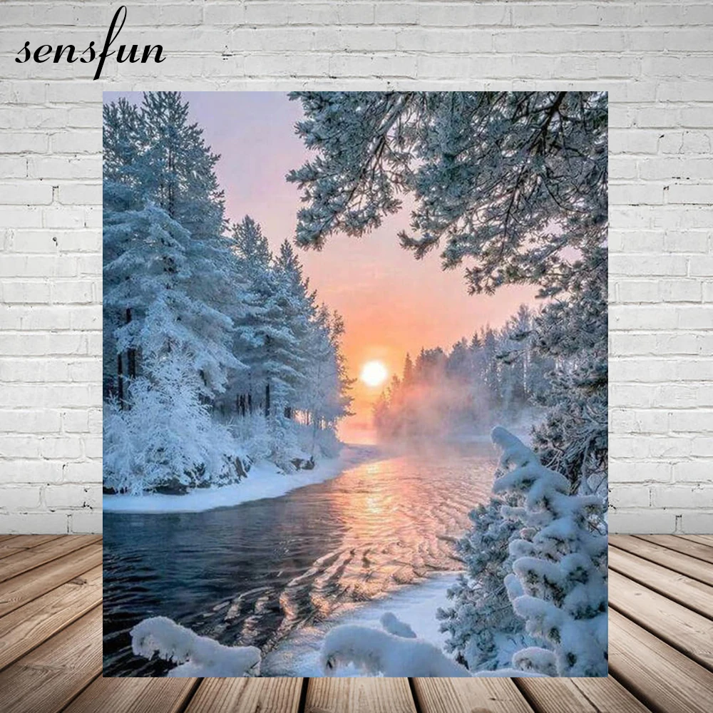 

Sensfun Winter Wonderland Photography Backdrop For Photo Studio Snow Sunset Forest River Backgrounds For Photo Studio 7x5FT