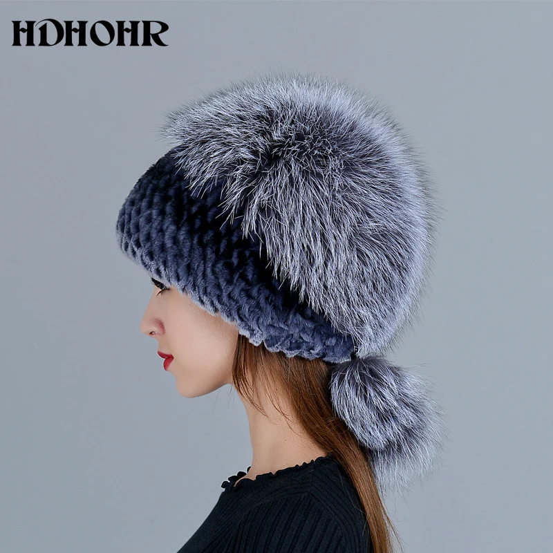 HDHOHR 2020 модная зимняя шапка из натурального меха женская кроличьего с вязаными