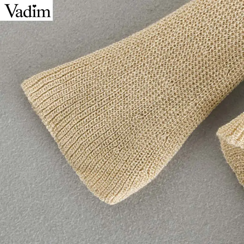 Vadim women elegant knitted V neck sweater flare long sleeve cardigans single breasted female casual tops HA387 |