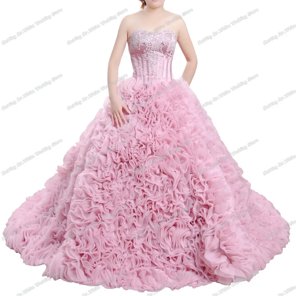 Роскошные Ruched складки Quinceanera платье бальное розовый реальные фото Vestidos