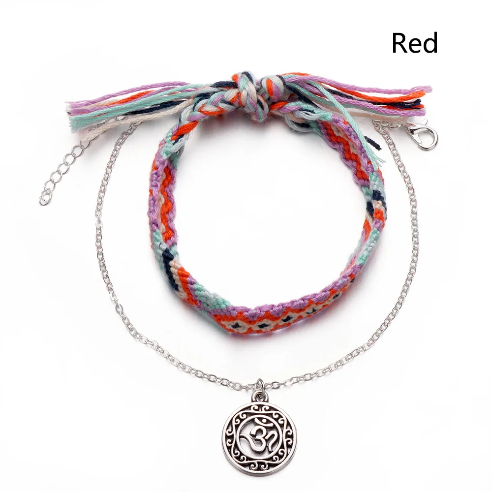 red 2 шт./компл. ручная работа Boho веревка плетеные браслеты на ногу Волнистые Серебряные Многослойные ножной браслет с подвеской Женские винтажные пляжные украшения подарки Красочные - Окраска металла: red