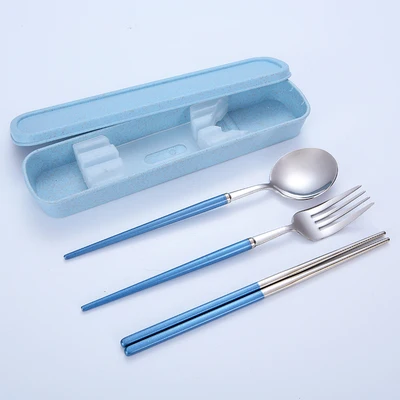 3pcs blue 2шт/3 шт из нержавеющей стали красочные портативные палочки для еды набор ложка и вилка столовые приборы из трех частей для взрослых студентов милые палочки для еды в коробке - Цвет: 3pcs blue