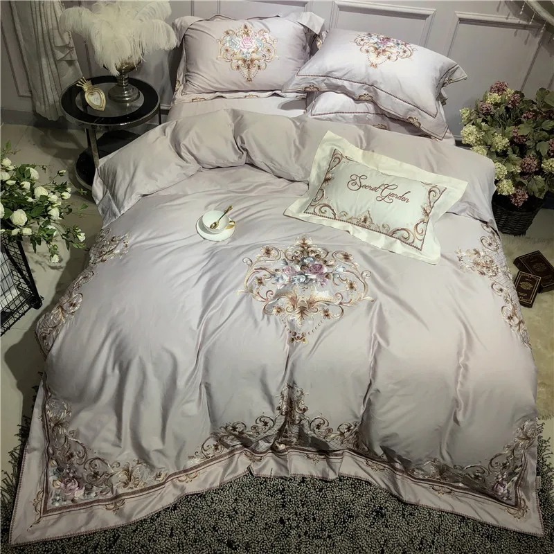 Роскошный серый Египетский хлопковый комплект постельного белья queen king size простыня/простыня с вышивкой, пододеяльник, постельный комплект parure de lit