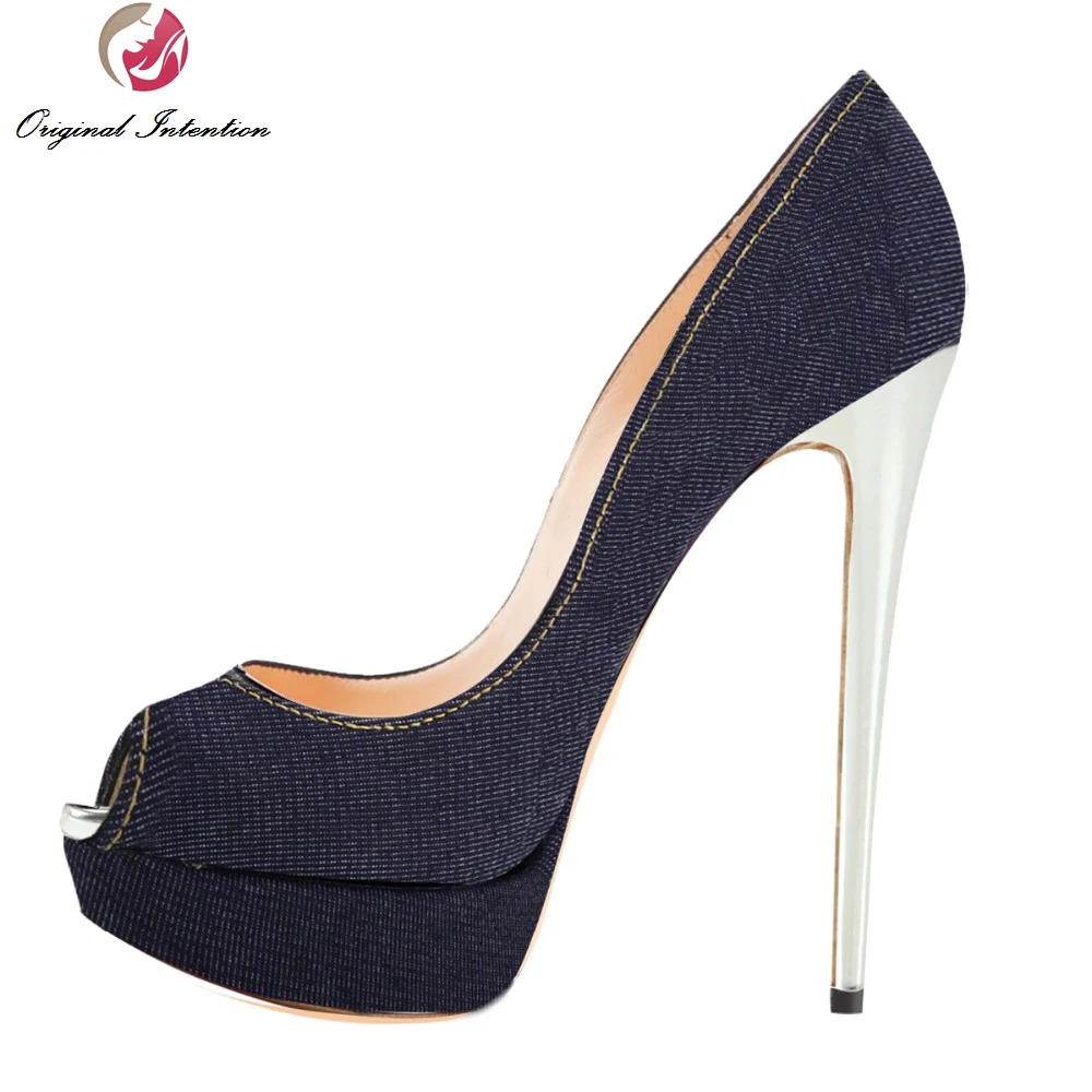 

Original Intention High-quality Women Pumps Denim Sexy Peep Toe Thin Heels Dark Blue Pumps Shoes Woman Plus EU Size 34-46