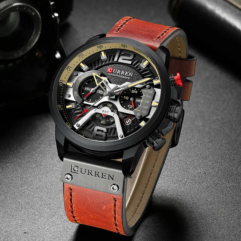 Red Black Black Curren для мужчин s часы лучший бренд класса люкс хронограф мужские часы Кожа Роскошные водонепроницаемые спортивные часы для мужчин Мужские часы Мужские наручные часы - Цвет: Red Black Black