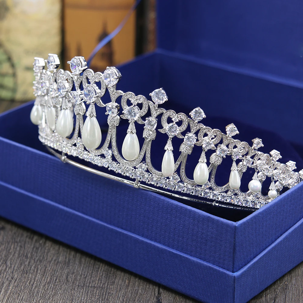 AAA кубического циркония тиара корона принцессы Свадебные украшения для волос искусственный жемчуг Цирконий, фианит головная повязка обручение коронета