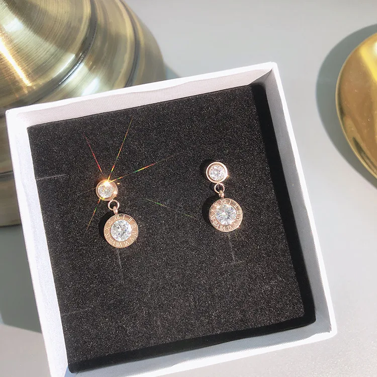 rose gold YUN RUO, модные женские серьги-гвоздики в римском стиле с цирконием, розовое золото, титановая сталь, ювелирные изделия, подарок на день рождения, не выцветает - Окраска металла: rose gold