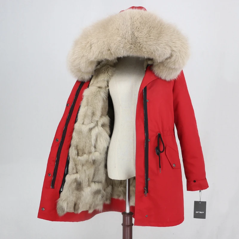 red beige OFTBUY, водонепроницаемая парка, натуральный Лисий мех, натуральный мех, пальто, зимняя куртка для женщин, толстая, теплая, съемная, уличная, роскошная, длинная верхняя одежда - Цвет: red beige