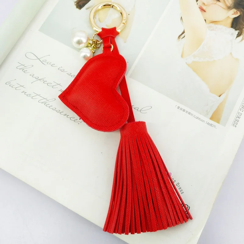 

PU Leather Tassel Heart Key Chains Jewelry Charrms Beads Bag Keyring Pendant Decoration Handmade Solid Color New Year Souvenirs