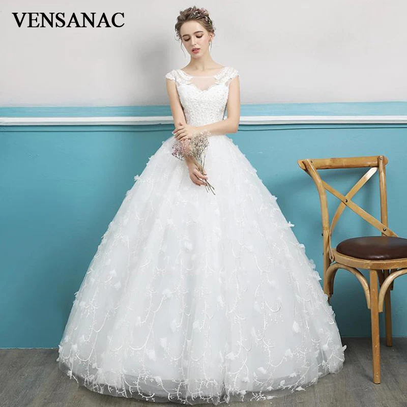 

VENSANAC 2018 бальное платье с цветочной аппликацией Свадебные платья Иллюзия Кружева О-образный вырез плюс размер жемчуг без бретелек свадебное...