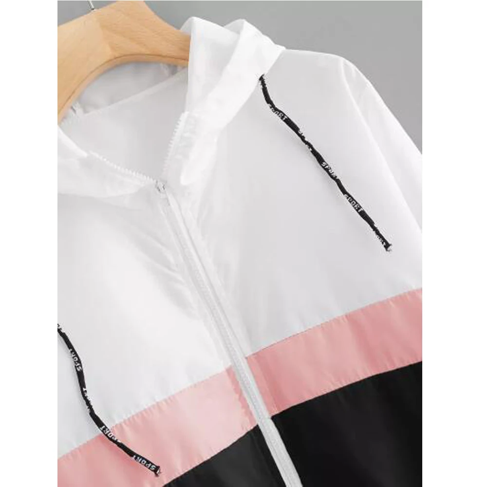 

XUANSHOW Spring Autumn Fashion Hooded Three Tone Patchwork Windbreaker Jacket Casual Long Sleeve Zipper Pockets Outerwear Womens