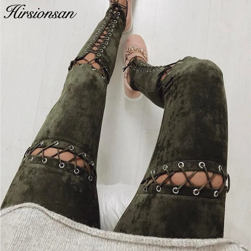 Hirsionsan замшевые кожаные штаны Осенне зимняя Дамская обувь Кружево Up Bodycon Штаны с