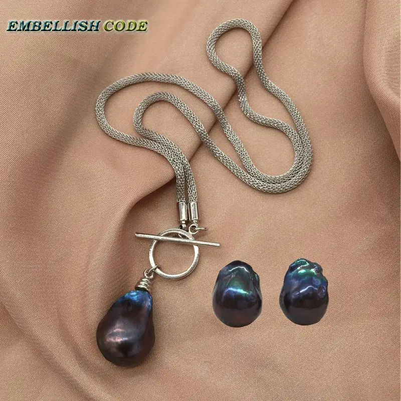 

New black blue few brown color baroque pearl necklace pendant stud earring nucleated flameball freshwater natural pearls women
