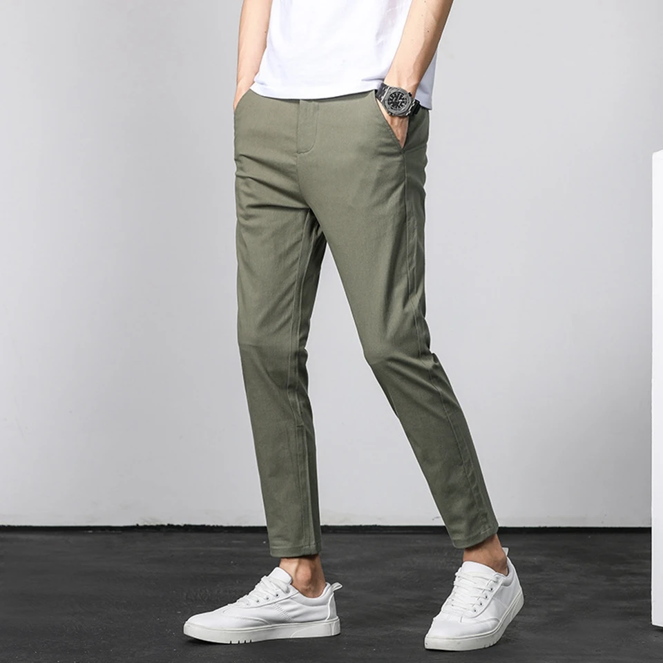 Men ANKLE Length Trousers 98.2% cotton 1.8% spandex Summer Thin Zipper Green Grey Black Slim Male Young Man Pencil Ninth Pants | Мужская