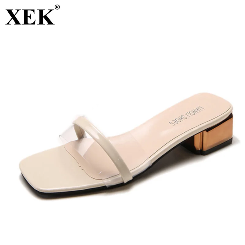 

XEK 2018 New Women Sandals Female Summer Middle Transparent Face Wild Simple Casual Round Sandals Women Slippers Shoes JH221