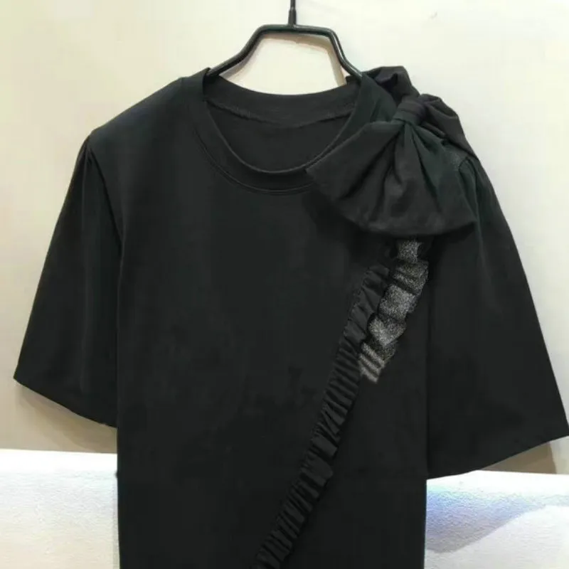 Neploe/ летние женские топы, футболка с коротким рукавом, свободная женская футболка с черным бантом, футболка с оборкой, элегантная Корейская одежда 39401