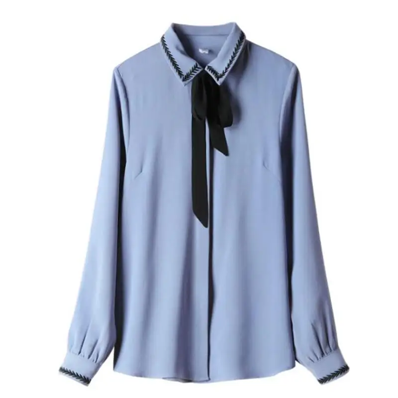 

2019 new arrival hot sale women's spring long sleeve turn-down collar chiffon blouses ladies bow embroidery clothing shirts