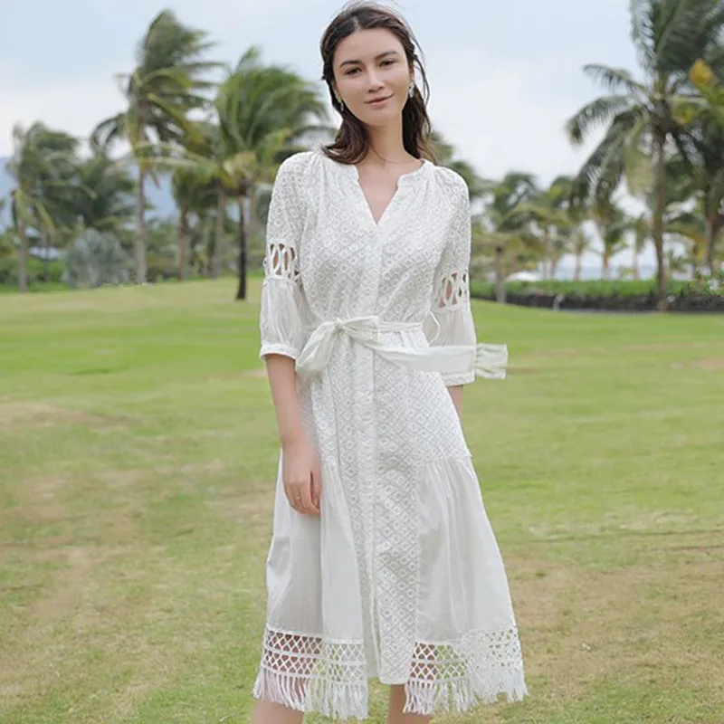 Платье женское пляжное в богемном стиле хлопковое длинное белое платье туника с