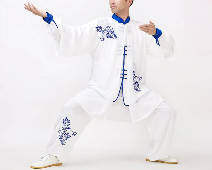 Унисекс 3 шт./компл. вышивка синий и белый фарфор Тай Чи костюмы Боевые искусства