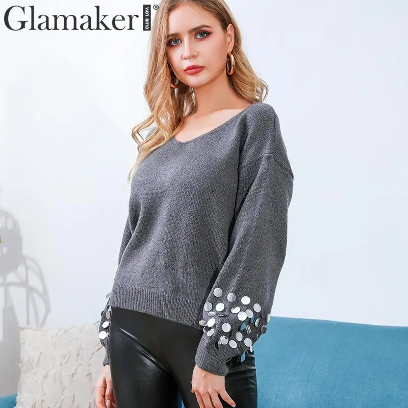 Glamaker вязаный свитер с длинными рукавами серого цвета блестками женский