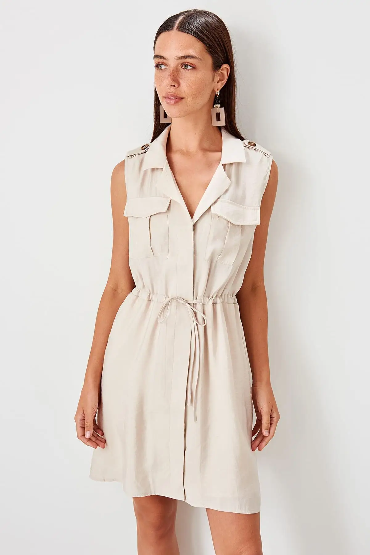 Trendyol бежевое платье с ластовицей TWOSS19EL0263|Женские платья| |
