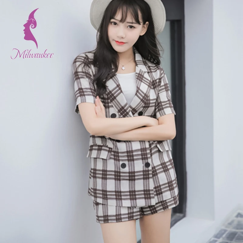 Milwaukee Summer Casual Women Sets Short Sleeve Turn Down Collar Plaid Geometric Top And Pockets Shorts Suits 2 Piece Clothes | Женская