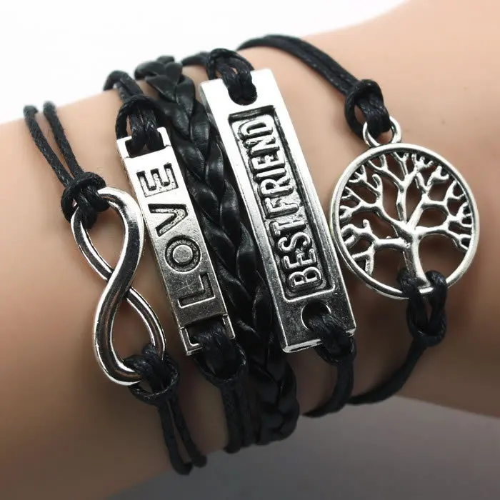 4 Цвета Ручной работы Комбинированный Браслет Бесконечная Любовь Жизнь Дерево и Лучший Друг Браслет Ювелирные Изделия Обернуты Снаружи Кожаным Шнуром