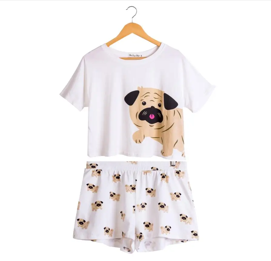 White pug sets Милый пижамный комплект с собачкой, Женский комплект из 2 предметов с принтом мопса, укороченный топ+ шорты, пижамы с эластичной резинкой на талии, Свободная Домашняя одежда, пижамы для отдыха S6801 - Цвет: White pug sets