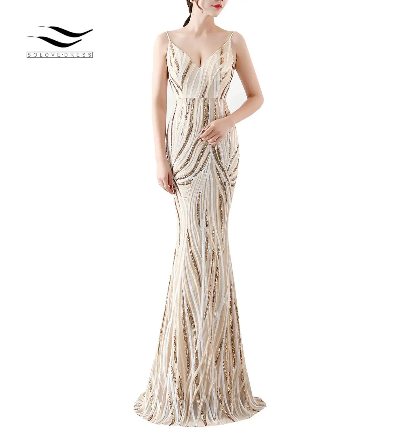 

Solovedress Formal women Dress V Neck Spaghetti Straps Long Ladies Mermaid Sequins Cocktail Dress Ins Style French
