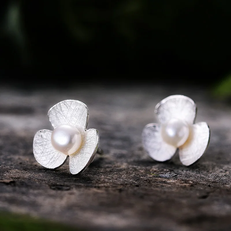 Серебристый Lotus Fun, настоящее 925 пробы, серебряные серьги с натуральным жемчугом, хорошее ювелирное изделие, 18K золото, цветок клевера, серьги-гвоздики для женщин, Brincos - Цвет камня: Серебристый