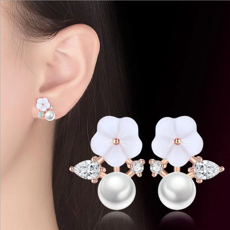 

KOFSAC New Rose Gold 925 Silver Stud Earrings For Women Wedding Elegant Crystal CZ Shell Flower Pearl Earring Fine Jewelry Gifts