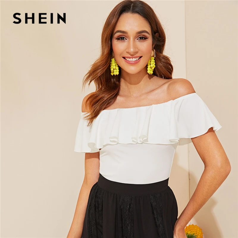 SHEIN элегантный белый Волан с открытыми плечами Приталенный топ Однотонная футболка женская летняя без рукавов основы тонкая футболка Топы