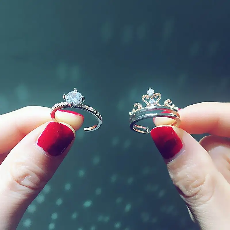

Zircon Crown 2pcs Ring Set For Women Girls Adjustable Rings New Trendy Jewelry Accessories Multi-function Birthday Gifts