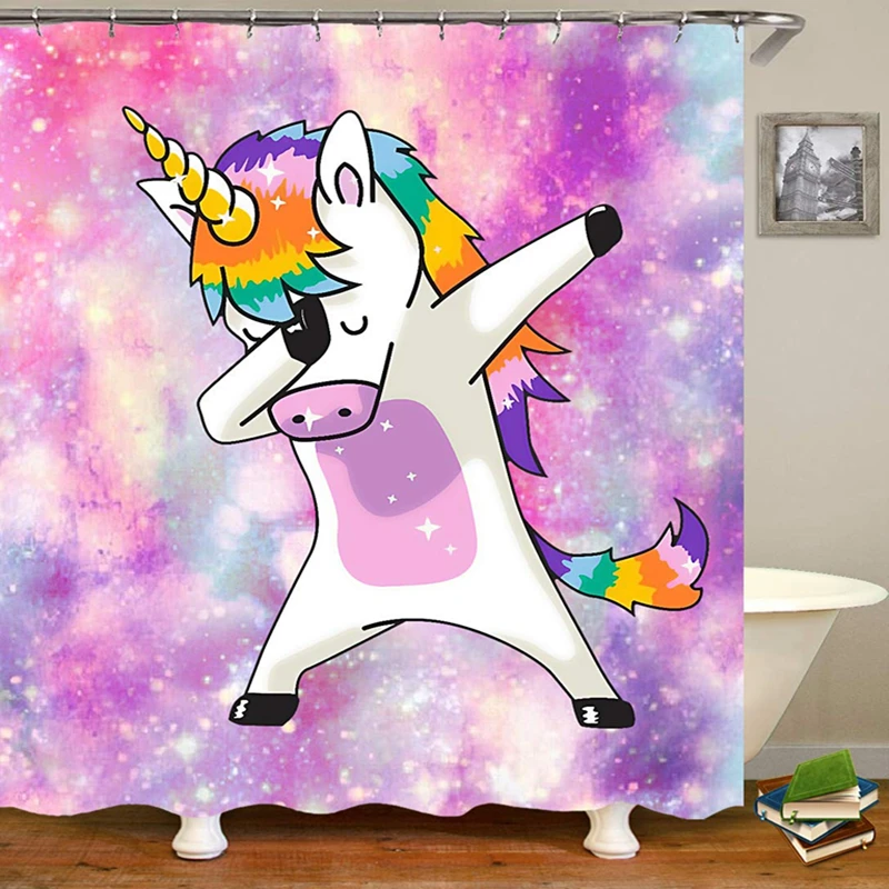 

Pink Watercolor Unicorn Shower Curtain for Girls Dabbing Dab Funny Unicorn Rainbow Bath Curtains Bathroom Decorations Sets Home