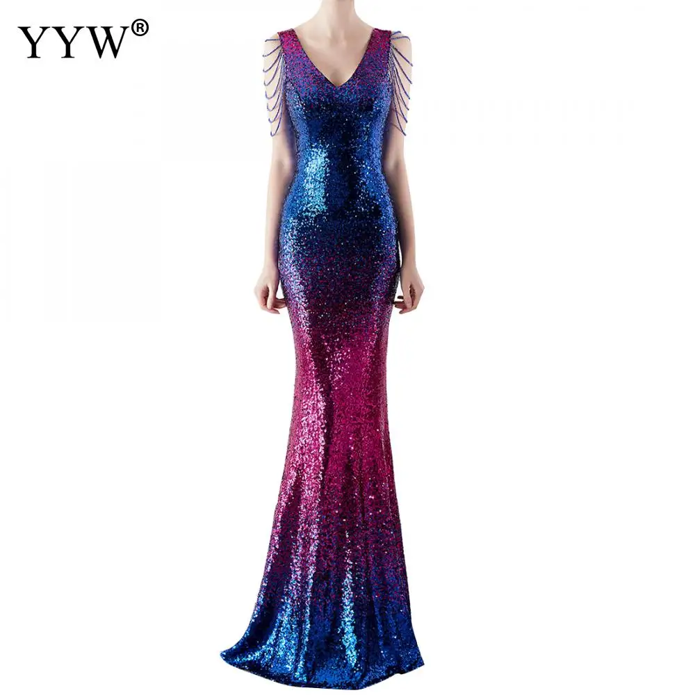 Home 7 Robe de Soiree Sexy com Decote em v sem Mangas Vestidos de Noite Nova Sereia Vestido Longo Gradiente Lantejoulas Senhoras Elegantes Vestidos Formais 2022
