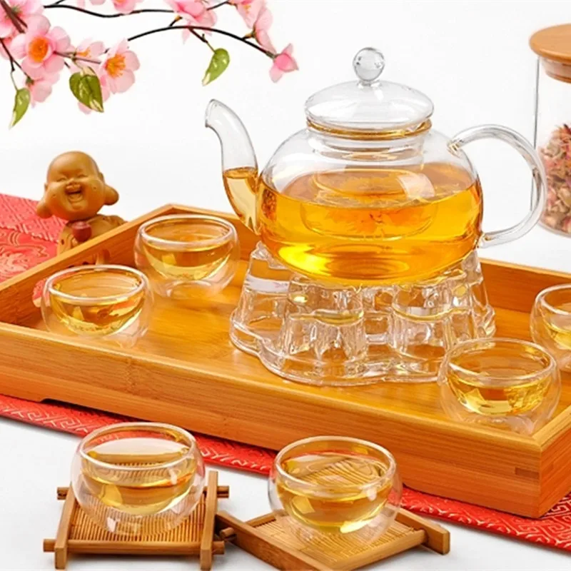 

[6 double-wall cups + heart warmer + glass tea pot] 600ML heat-resistant glass tea set / kettle Rose Tea infuser