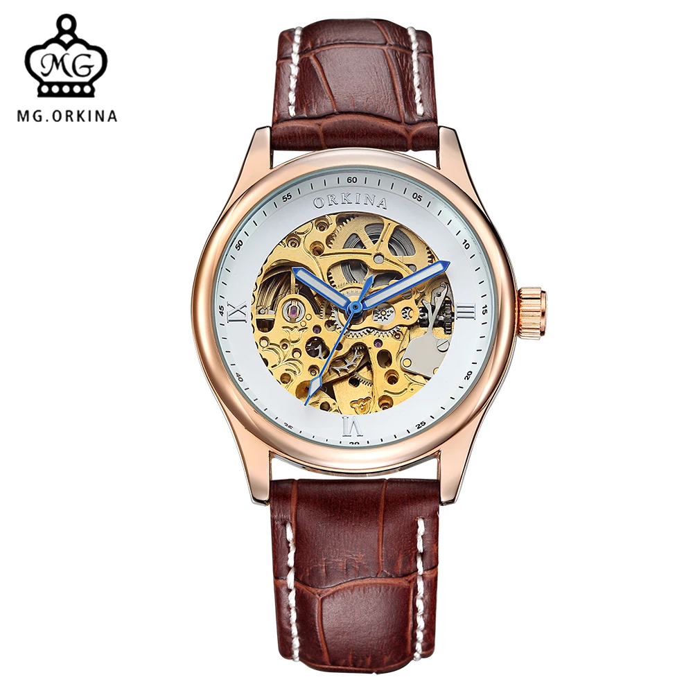 

MG. ORKINA Male Clock Men's Mechanical Wristwatch Luxury Golden Skeleton Dial Stainless Steel Band Automatic Watch